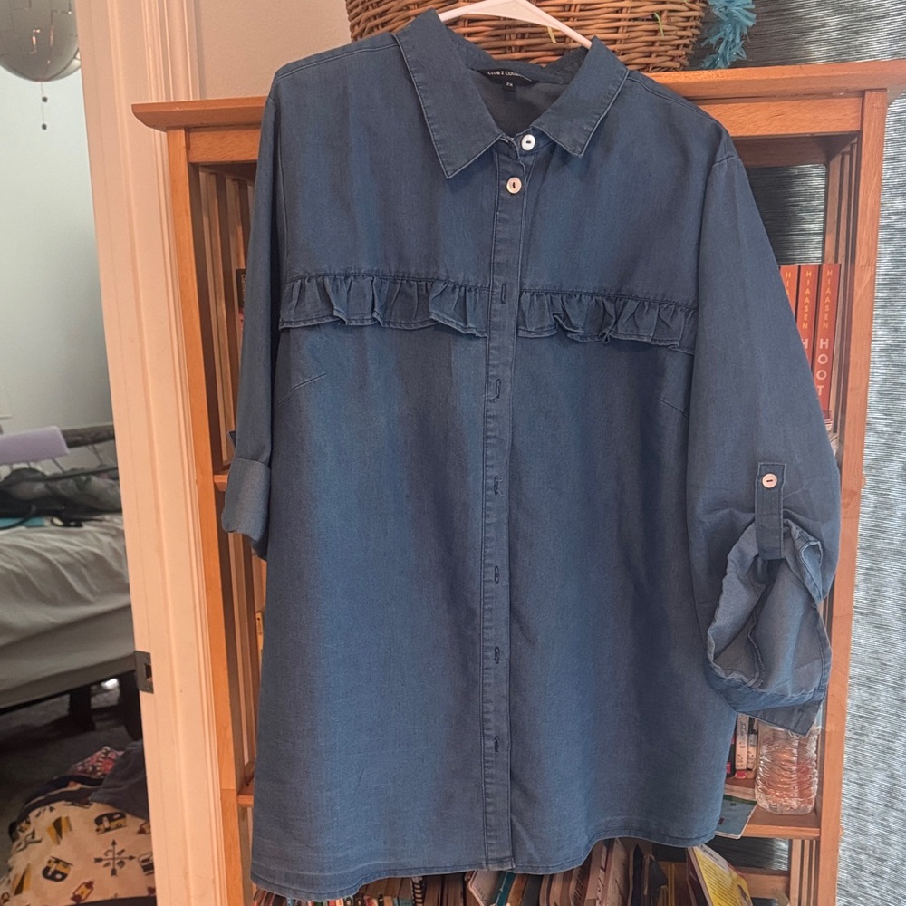 Denim Ruffle Button-Up Shirt - Blue